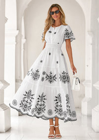 PRETTYGARDEN Boho Dresses for Women Summer Spring Casual Floral Short Sleeve V Neck Maxi Elastic Waist Dress Pockets PRETTYGARDEN