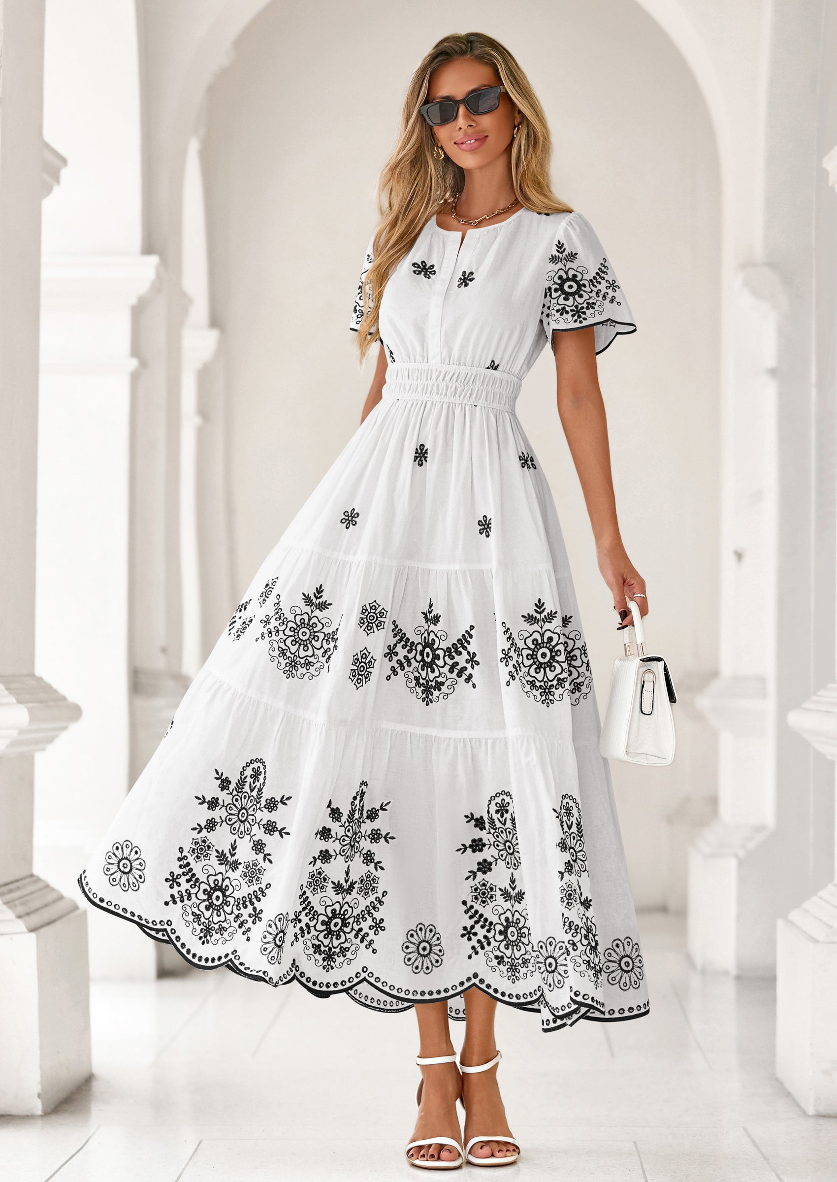 PRETTYGARDEN Boho Dresses for Women Summer Spring Casual Floral Short Sleeve V Neck Maxi Elastic Waist Dress Pockets PRETTYGARDEN