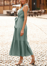 PRETTYGARDEN Women's Summer Floral Maxi Sun Dress Sleeveless Halter Neck Flowy Ruffle Hem Long Boho Dresses with Belt