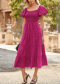 PRETTYGARDEN Women's Summer Casual Midi Dress Puffy Short Sleeve Square Neck Smocked Tiered Ruffle Dresses