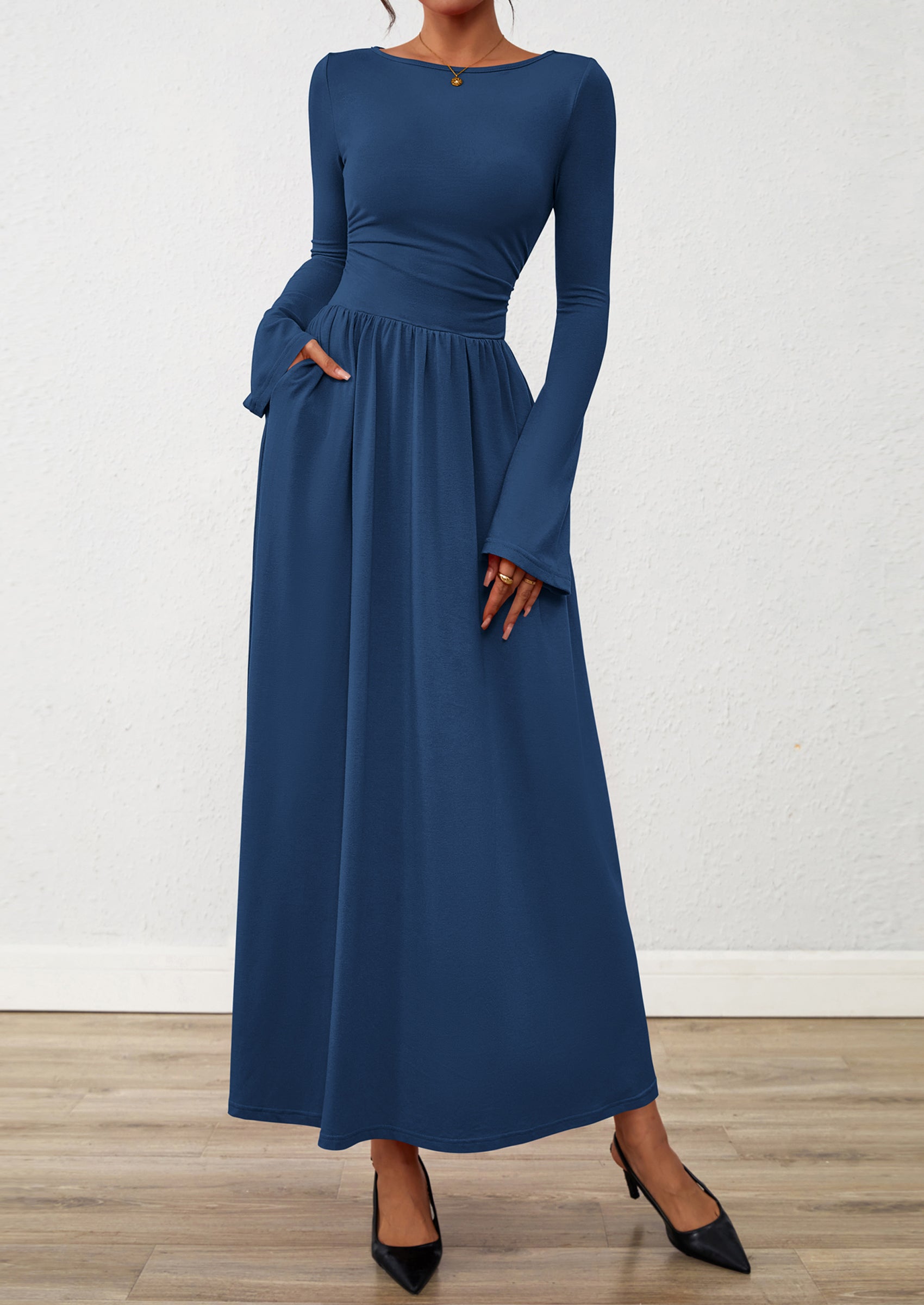 BTFBM Long Sleeve Maxi Dresses for Women Fall Casual Ruched Boat Neck Flowy Elegant Formal Wedding Guest Dress