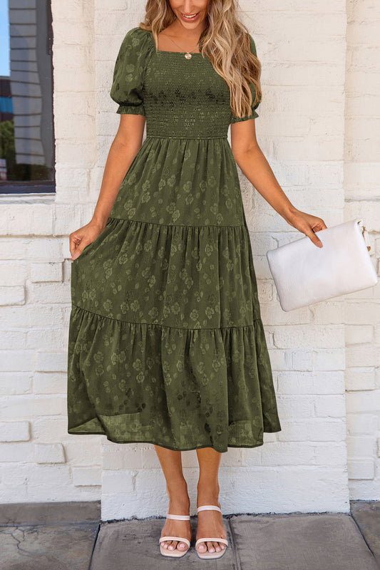 Women's Summer Casual Midi Dresses Square Neck Short Sleeve Smocked A Line Floral Flowy Elegant Boho Dress