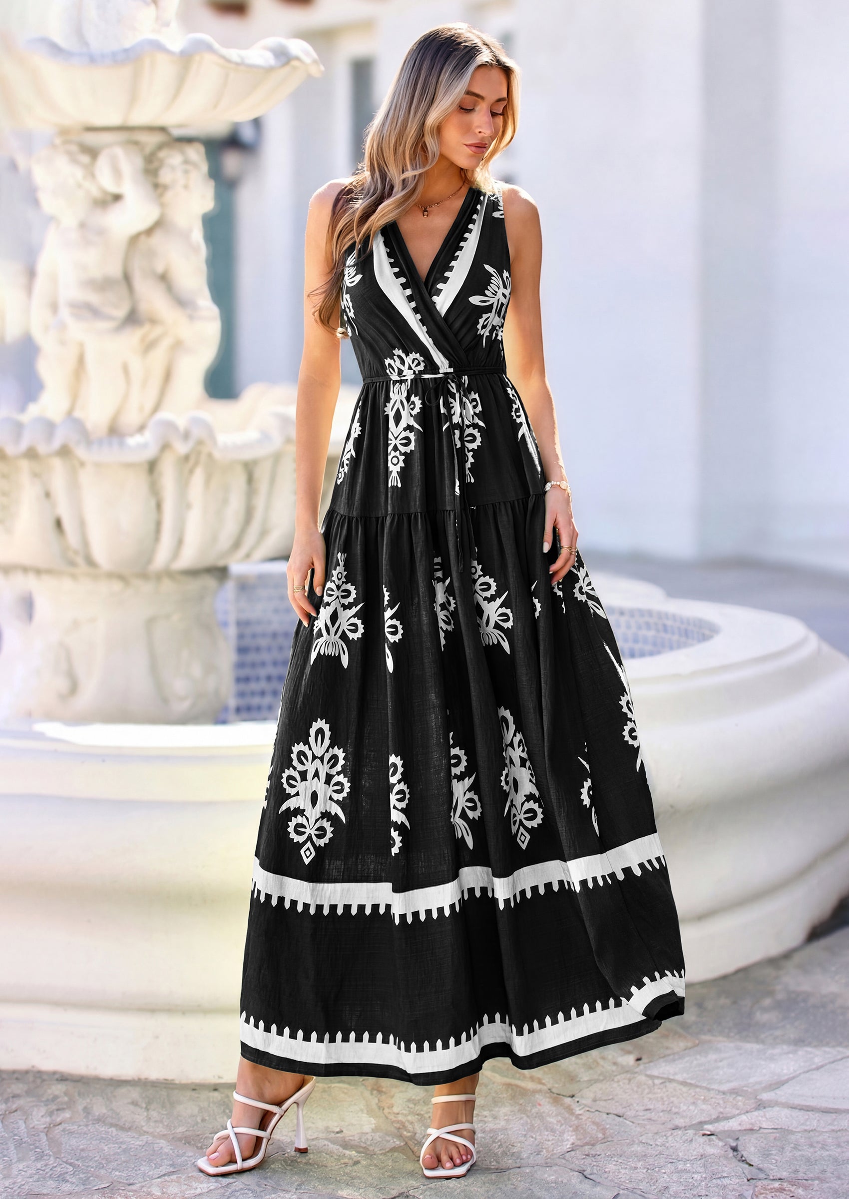 PRETTYGARDEN Womens Floral Maxi Dress Sleeveless Vneck Belt Ruffle Long Dresses Boho Summer Beach Vacation Clothes