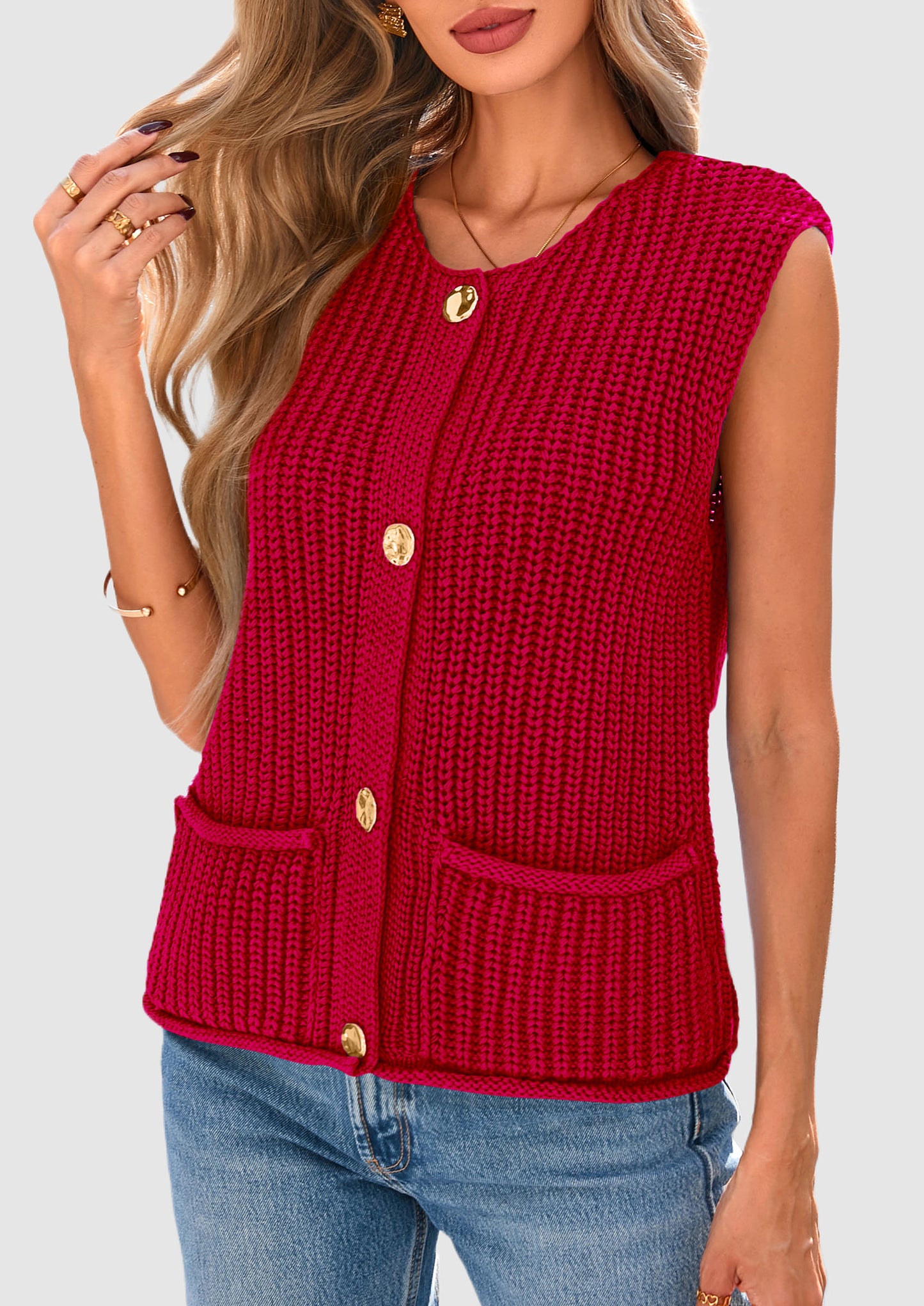 Women's Sweaters Vest 2025 Sleeveless Button Down Cropped Chunky Knit Cardigan Trendy Tank Tops with Pockets