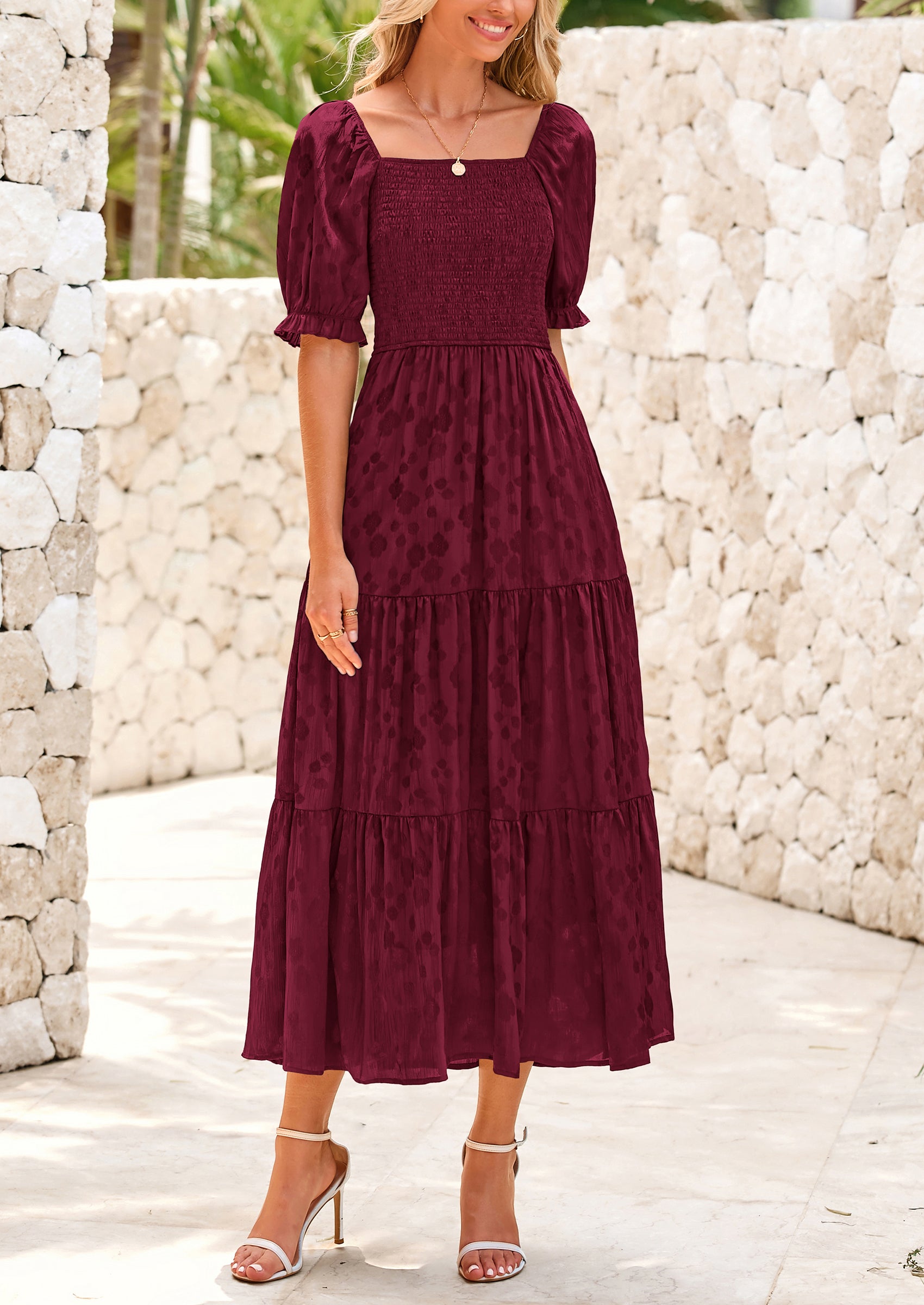 PRETTYGARDEN Women's Casual Midi Dresses Square Neck Short Sleeve Smocked A Line Floral Flowy Elegant Boho Dress