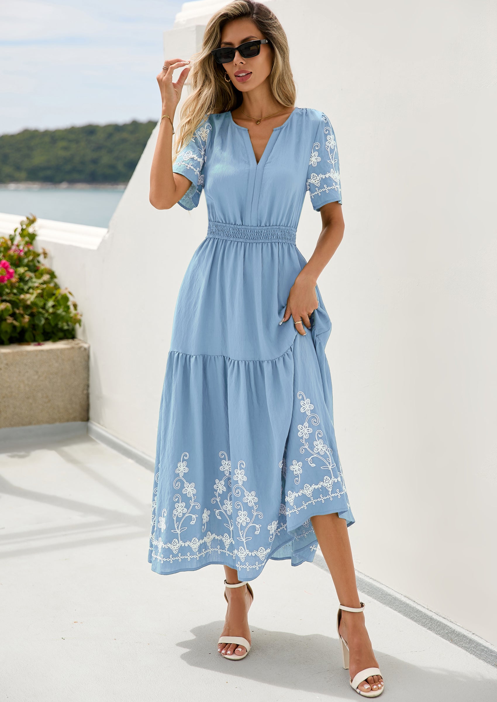 PRETTYGARDEN Women's Summer Boho Maxi Dress Spring Floral Short Sleeve V Neck A Line Flowy Beach Wedding Guest Dresses PRETTYGARDEN