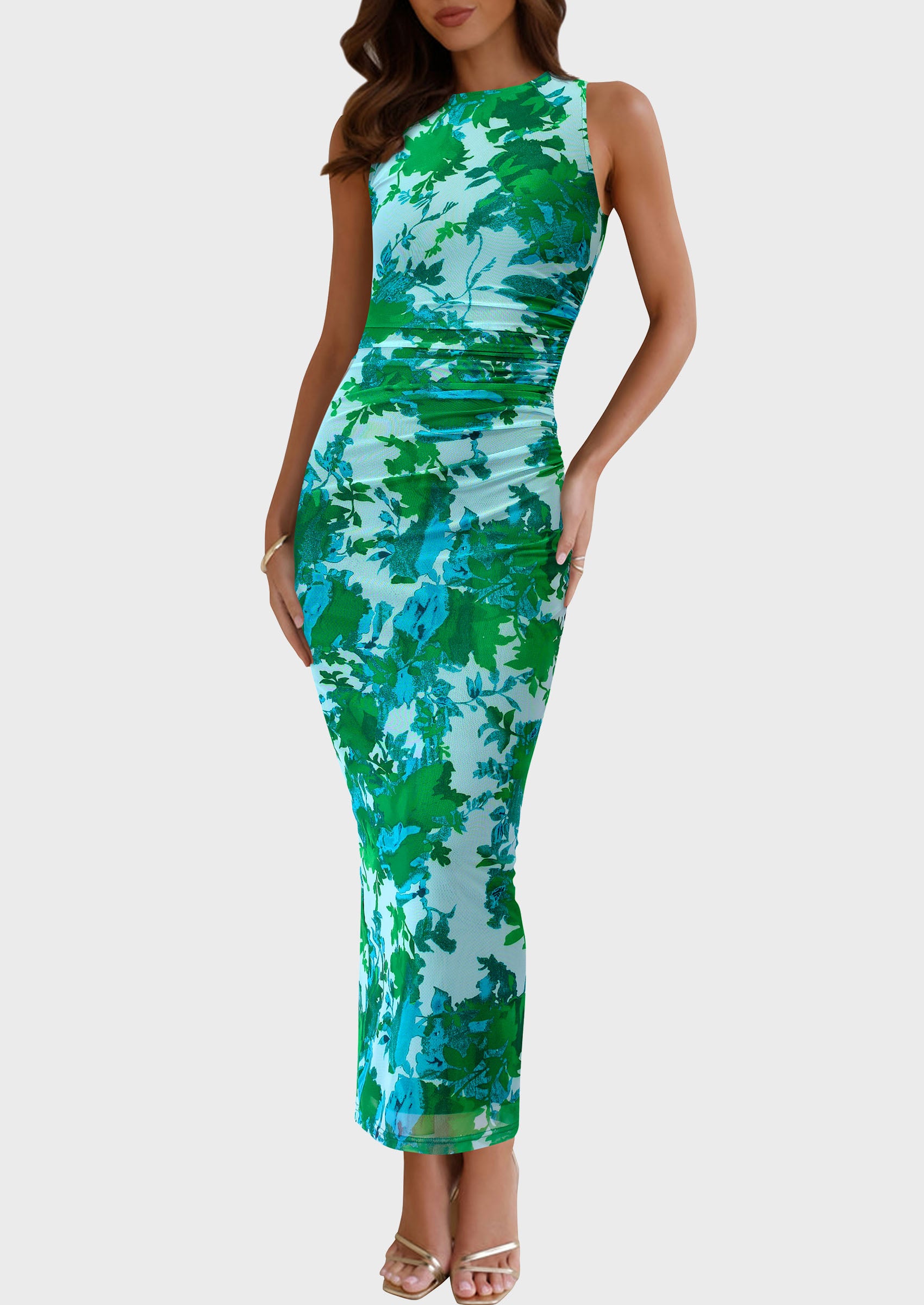 PRETTYGARDEN Wedding Guest Dresses for Women Spring Floral Bodycon Sleeveless Mesh Maxi Long Dress