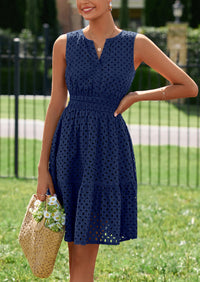 PRETTYGARDEN Women's Summer Dresses Sleeveless V Neck Eyelet Hollow Out Swing A Line Beach Vacation Sun Dress