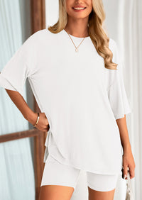 PRETTYGARDEN Women's Two Piece Lounge Set Summer Casual Oversized Shirts Biker Shorts Matching Airport Travel Outfit