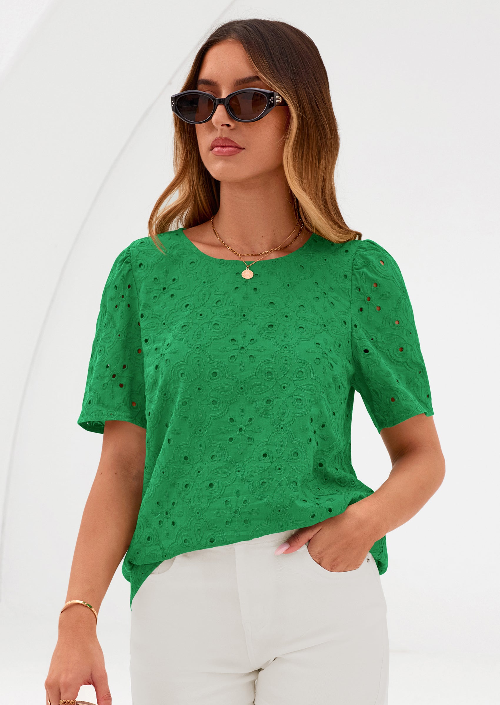 PRETTYGARDEN Women's Puff Short Sleeve Eyelet Shirts Summer Lace Blouses Dressy Casual Work Tops Spring Teacher Clothes PRETTYGARDEN