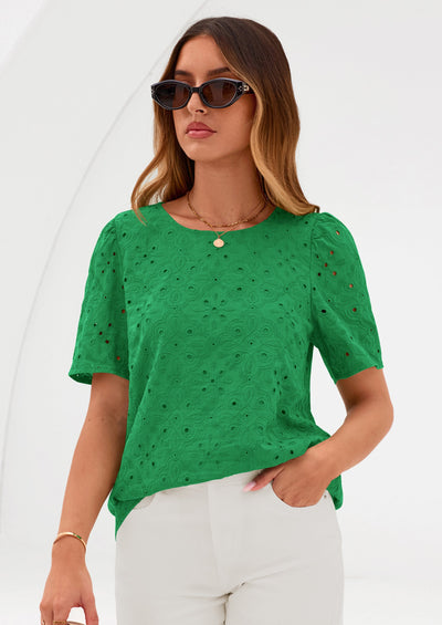 PRETTYGARDEN Women's Puff Short Sleeve Eyelet Shirts Summer Lace Blouses Dressy Casual Work Tops Spring Teacher Clothes PRETTYGARDEN