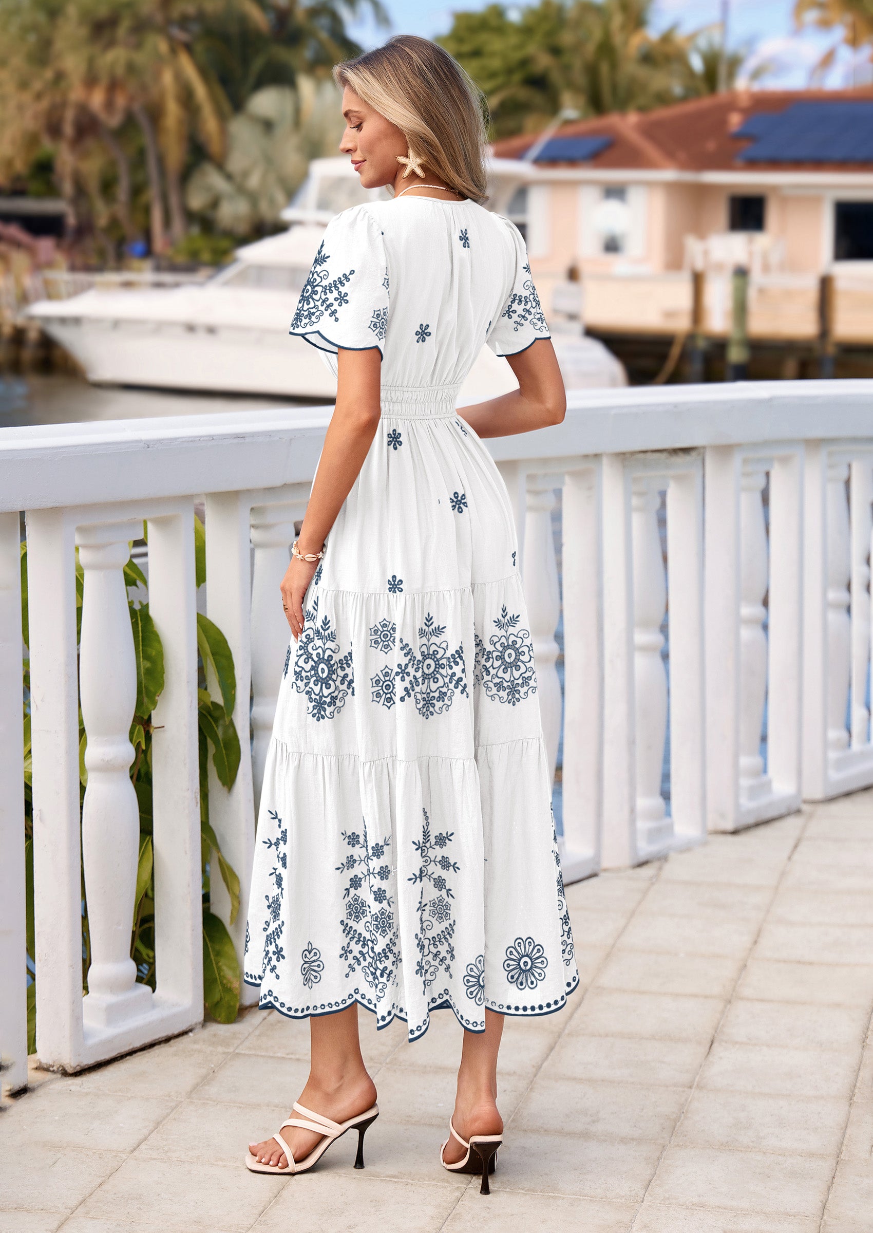 PRETTYGARDEN Boho Dresses for Women Summer Spring Casual Floral Short Sleeve V Neck Maxi Elastic Waist Dress Pockets