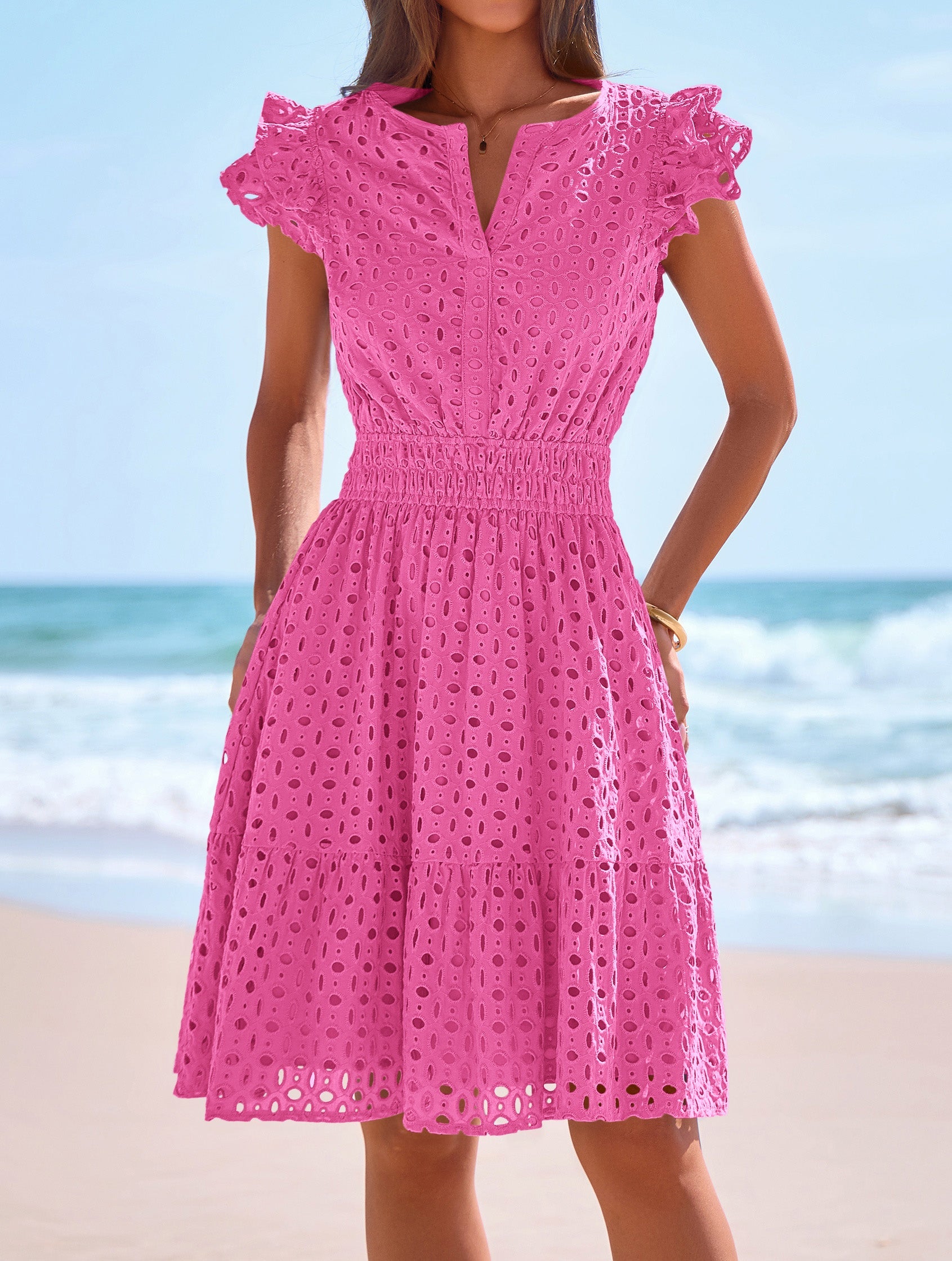 PRETTYGARDEN Women's Summer Sundresses Eyelet Cap Sleeve V Neck Short Boho Wedding Guest Dress Beach Vacation Clothes PRETTYGARDEN