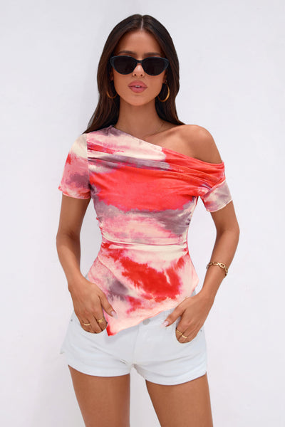 PRETTYGARDEN Womens Summer Off The Shoulder Tops 2026 Spring Short Sleeve Mesh Tie Dye Shirt Ruched Asymmetrical Y2k Clothes PRETTYGARDEN