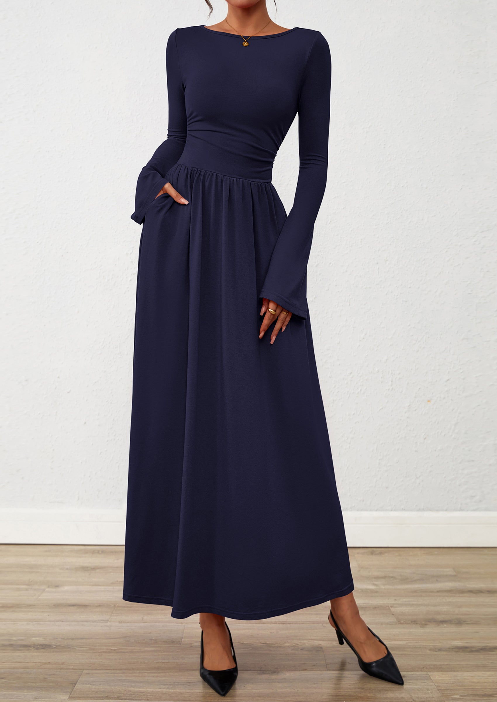 BTFBM Long Sleeve Maxi Dresses for Women Fall Casual Ruched Boat Neck Flowy Elegant Formal Wedding Guest Dress