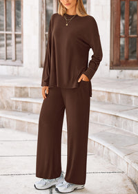 PRETTYGARDEN Women's Two Piece Lounge Sets Matching Long Sleeve Shirts Wide Leg Pants Tracksuits Travel Outfits Fall Clothes