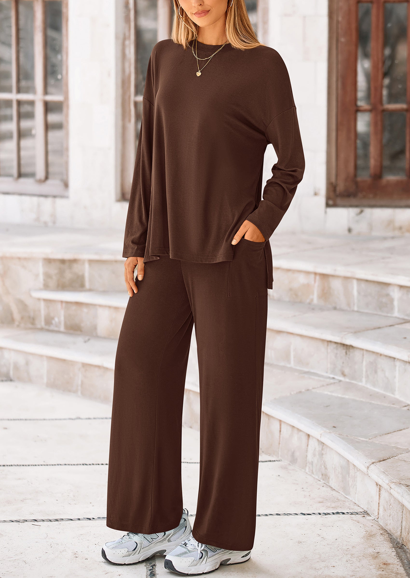 PRETTYGARDEN Women's Two Piece Lounge Sets Matching Long Sleeve Shirts Wide Leg Pants Tracksuits Travel Outfits Fall Clothes