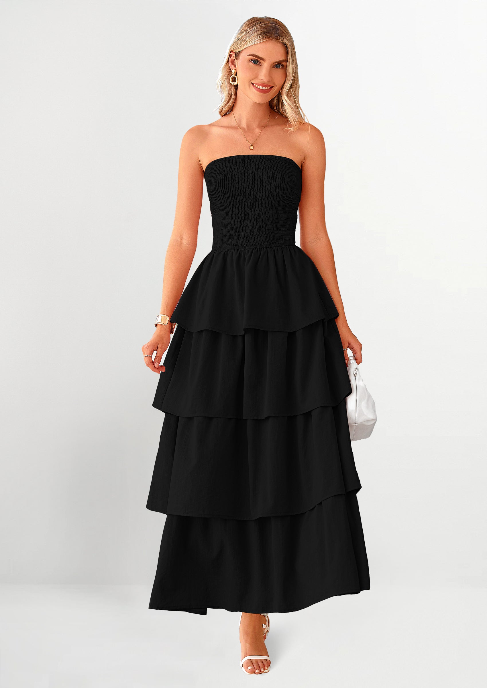 PRETTYGARDEN Maxi Dresses for Women Off Shoulder Smocked Tiered Ruffle Long Flowy Wedding Guest Dress