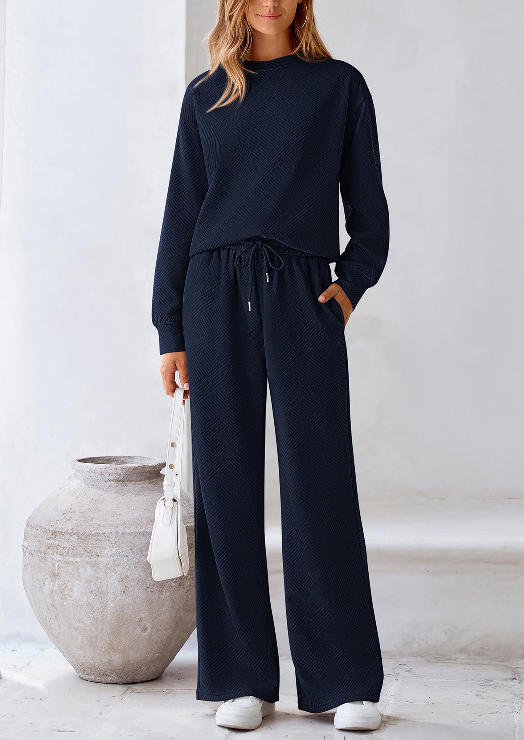 PRETTYGARDEN 2 Piece Long Sleeve Pullover Tops and Wide Leg Pants Knitted Lounge Sets PRETTYGARDEN