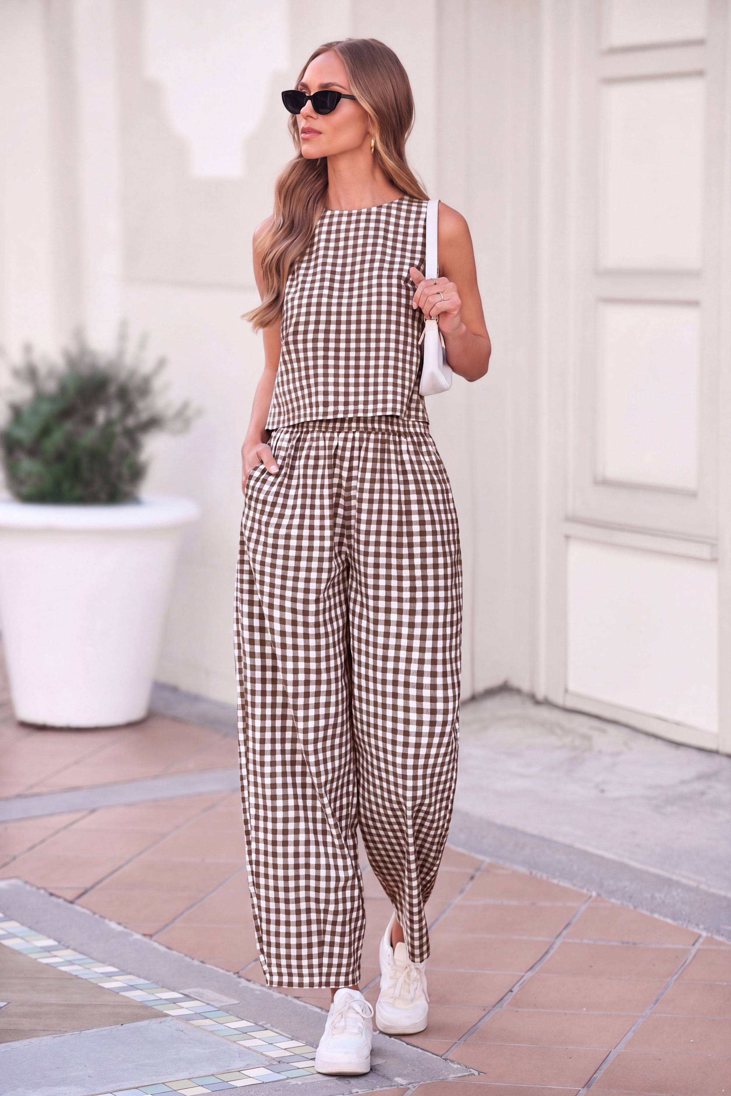 PRETTYGARDEN Womens 2 Piece Sets Summer Plaid Sleeveless Tops Wide Leg Pants Matching Lounge Set Beach Vacation Outfits