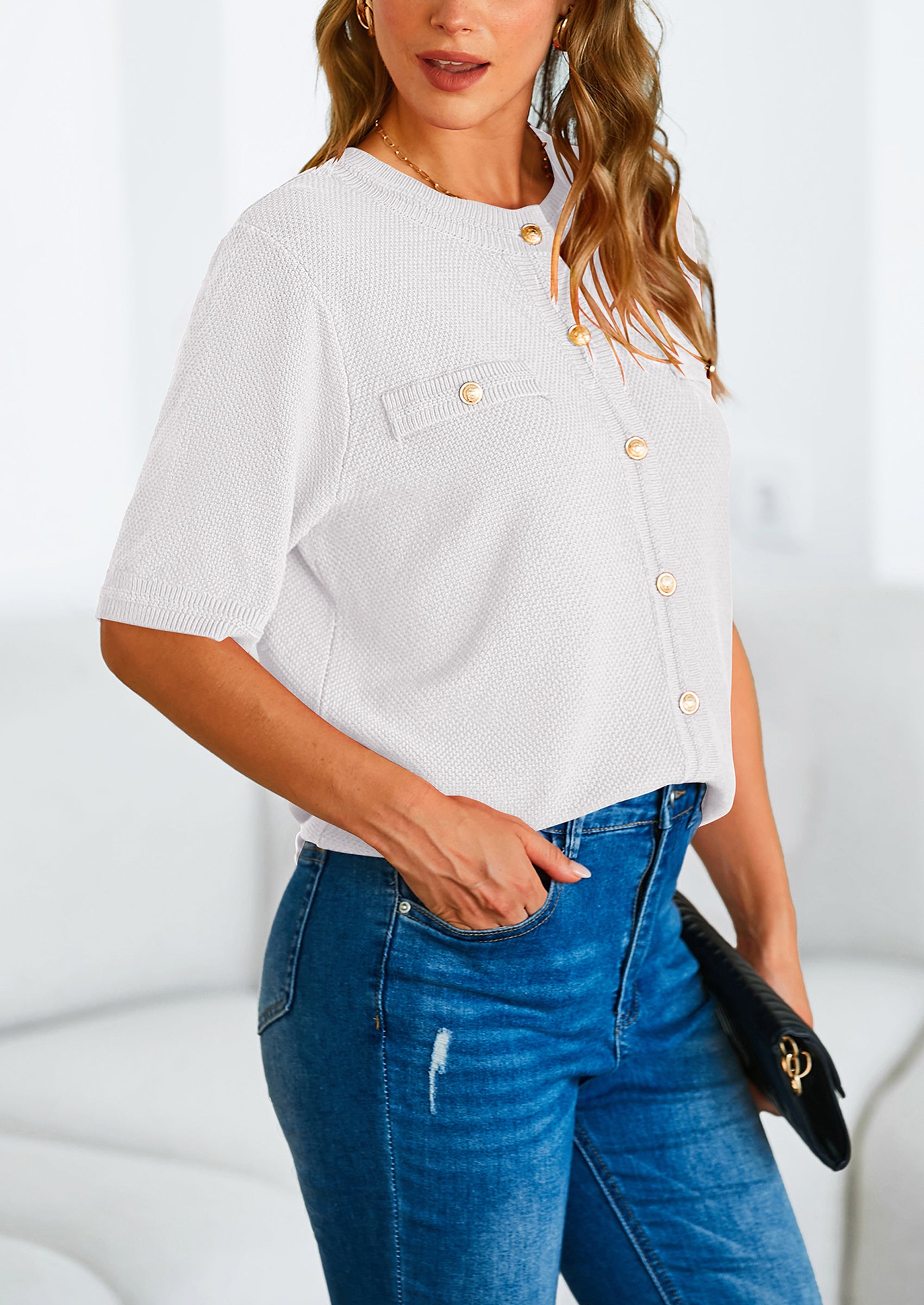 PRETTYGARDEN Women's Summer Button Down Shirts Casual Short Sleeve Crew Neck Ribbed Knit Blouse Top Cardigans