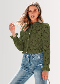 PRETTYGARDEN Women's Dressy Casual Lace Blouse Long Sleeve Button Up Shirts Tops Spring Fall Fashion Clothes