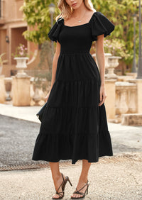 PRETTYGARDEN Women's Summer Casual Midi Dress Puffy Short Sleeve Square Neck Smocked Tiered Ruffle Dresses