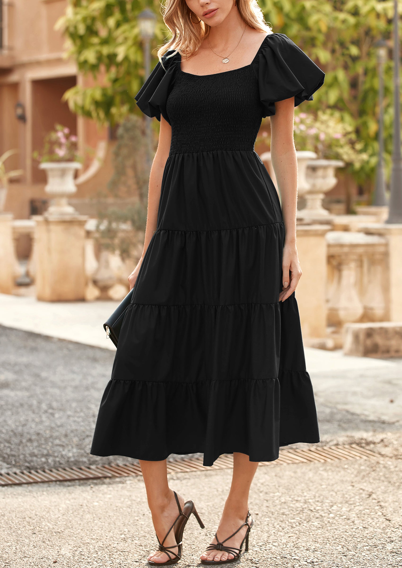 PRETTYGARDEN Women's Summer Casual Midi Dress Puffy Short Sleeve Square Neck Smocked Tiered Ruffle Dresses