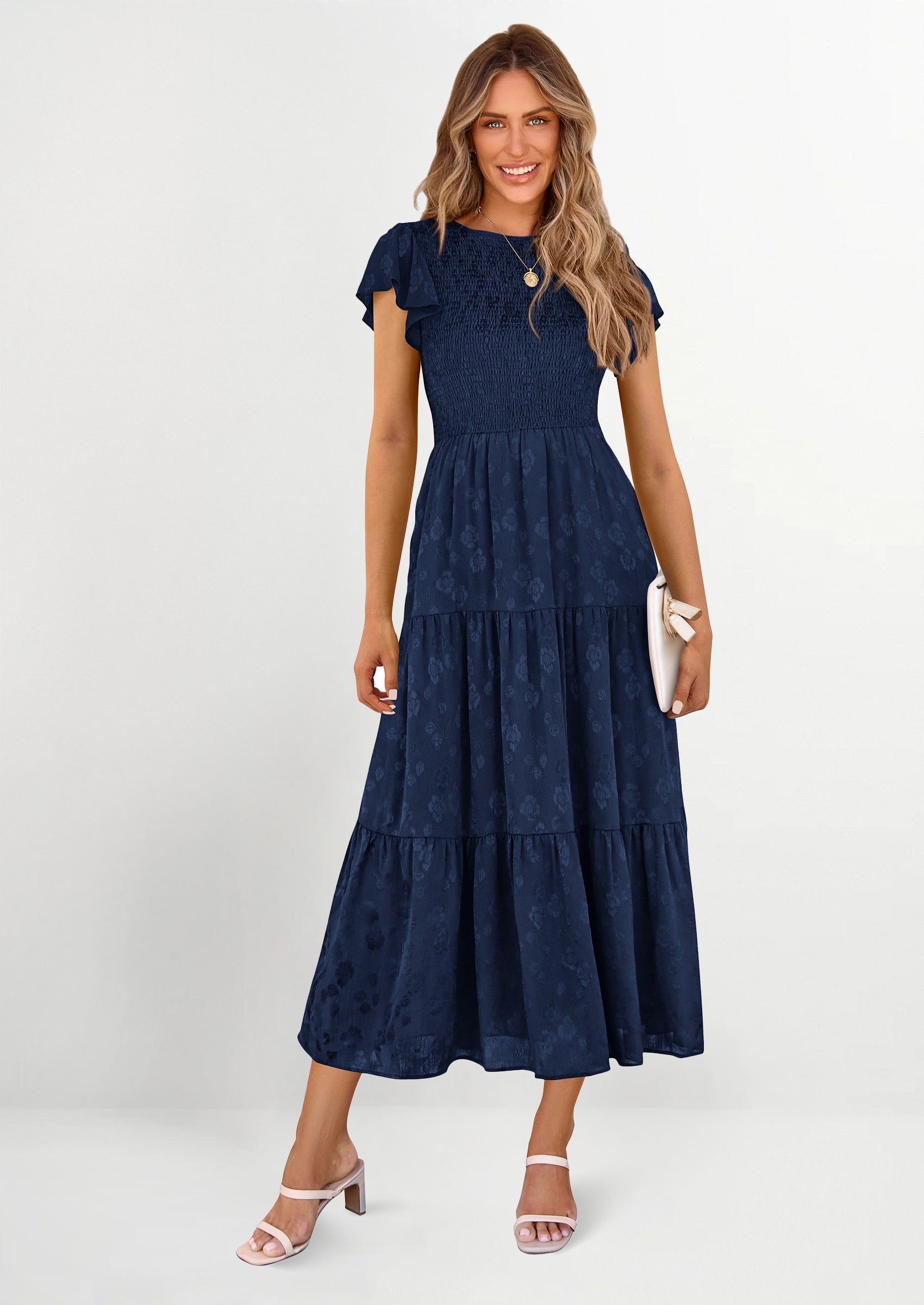 PRETTYGARDEN Midi Dress for Women Summer Floral Cap Sleeve Smocked Ruffle A Line Long Flowy Wedding Guest Dresses