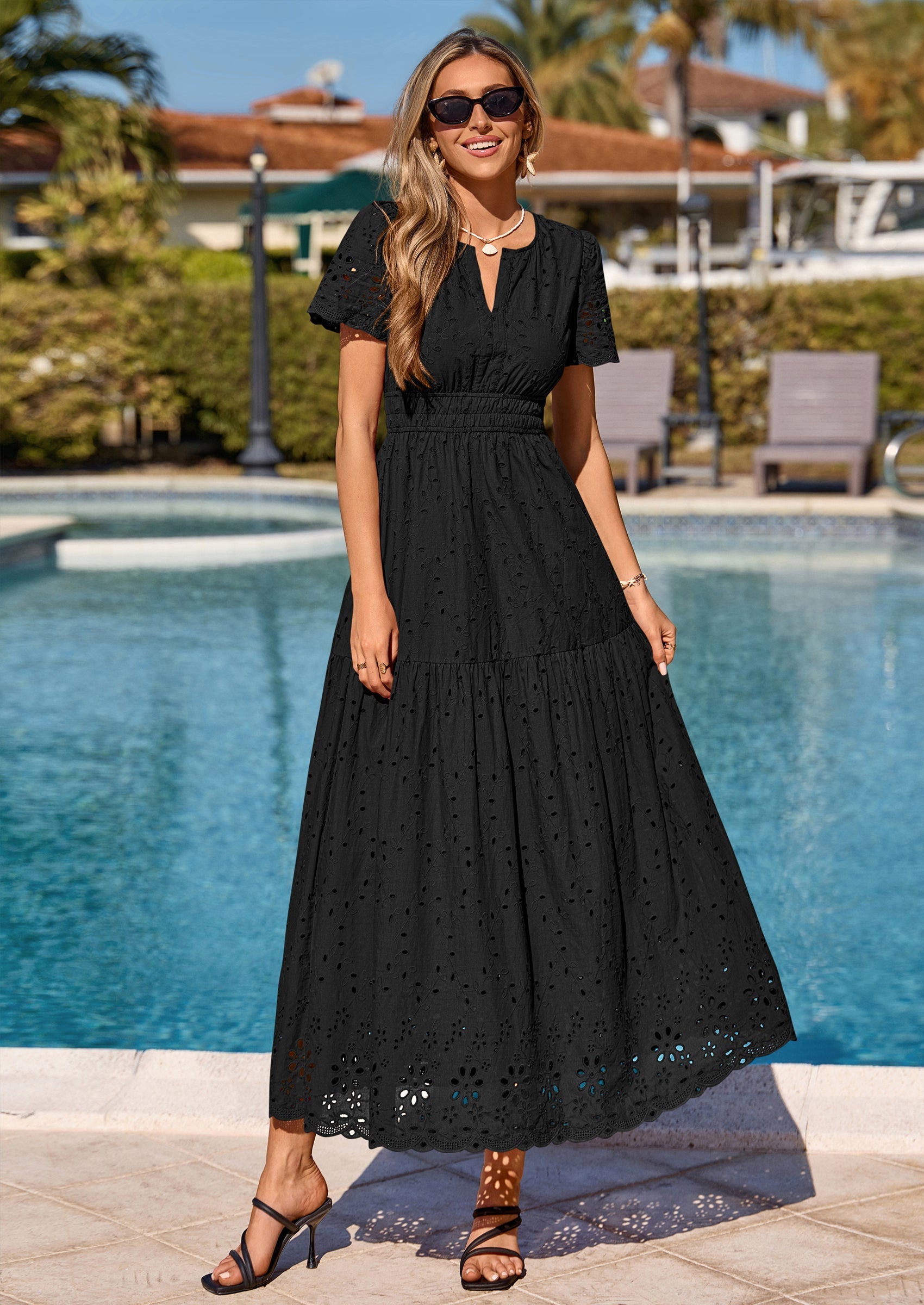 PRETTYGARDEN Short Sleeve Spring Dresses for Women Elegant Classy Boho High Waist A Line Pleated Wedding Guest Dress PRETTYGARDEN