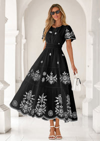 PRETTYGARDEN Boho Dresses for Women Summer Spring Casual Floral Short Sleeve V Neck Maxi Elastic Waist Dress Pockets PRETTYGARDEN