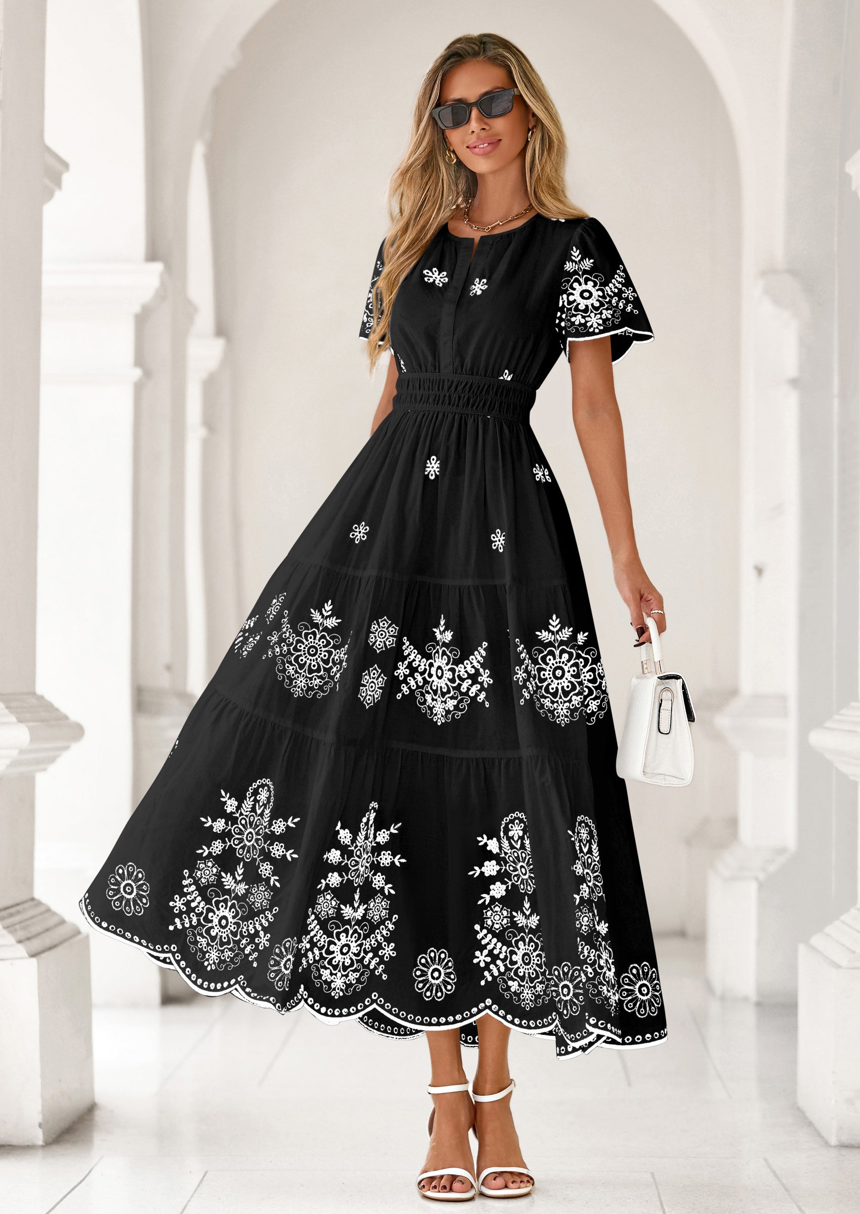 PRETTYGARDEN Boho Dresses for Women Summer Spring Casual Floral Short Sleeve V Neck Maxi Elastic Waist Dress Pockets PRETTYGARDEN