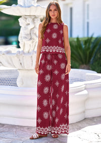 PRETTYGARDEN Women's 2026 Summer 2 Piece Lounge Sets Boho Floral Tank Flowy Wide Peg Pants Travel Beach Vacation Outfits