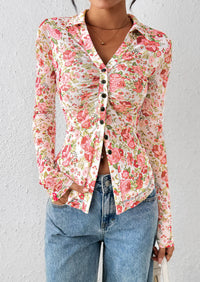 PRETTYGARDEN Women Button Down Floral Shirts Fall Trendy Long Sleeve V Neck Ruched Fitted Mesh Blouse Tops Date Outfits