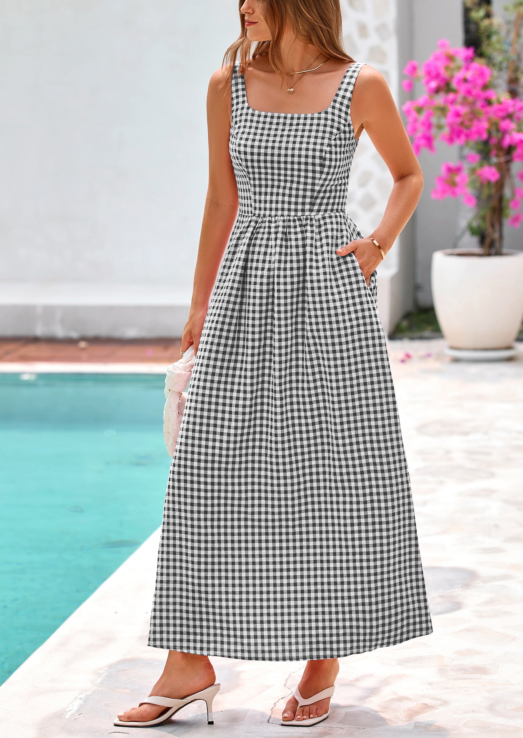 PRETTYGARDEN Women's Summer Spaghetti Strap Maxi Dresses Plaid Square Neck A Line Casual Beach Vacation Long Sundress