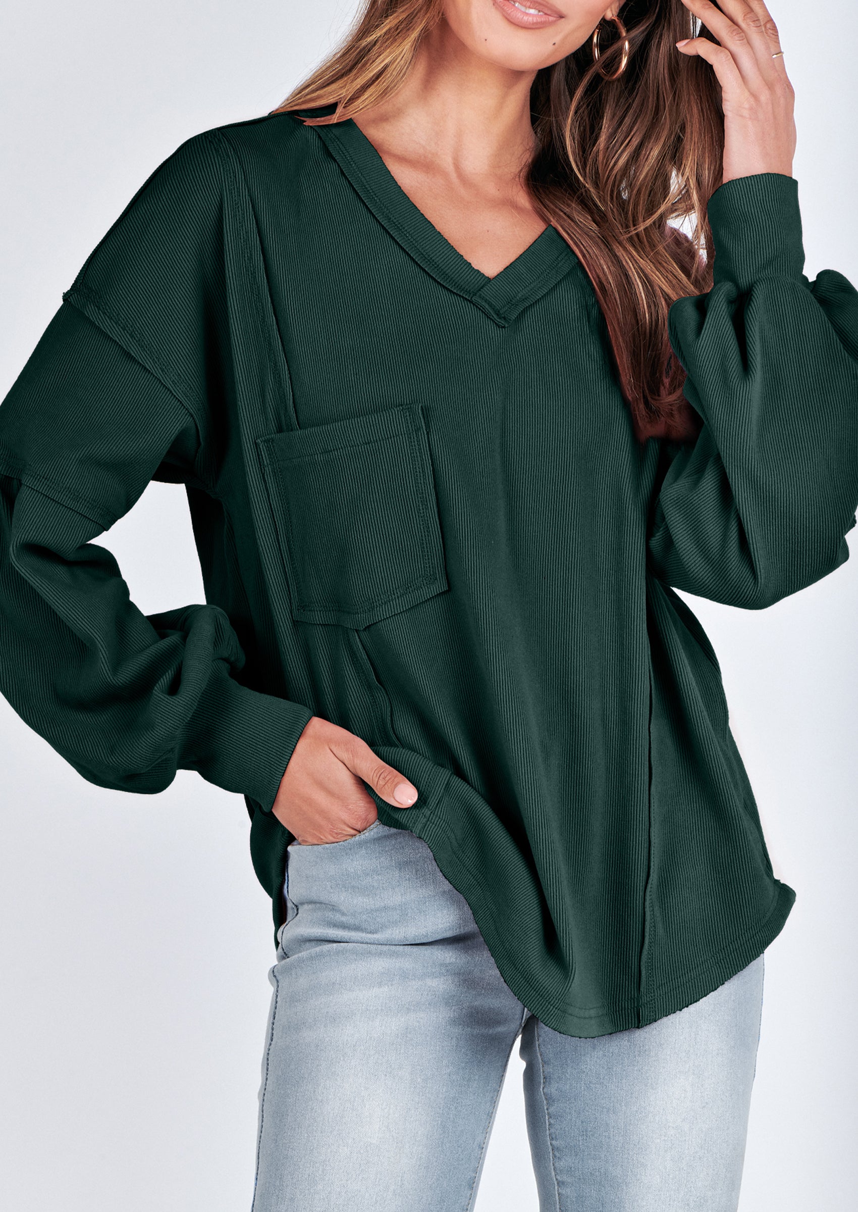 BTFBM Women's Ribbed Long Sleeve Tops Summer Spring Pullover Knit Casual V Neck Blouses Trendy Loose Fit Tunic Top