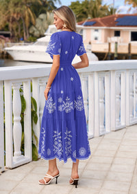 PRETTYGARDEN Boho Dresses for Women Summer Spring Casual Floral Short Sleeve V Neck Maxi Elastic Waist Dress Pockets