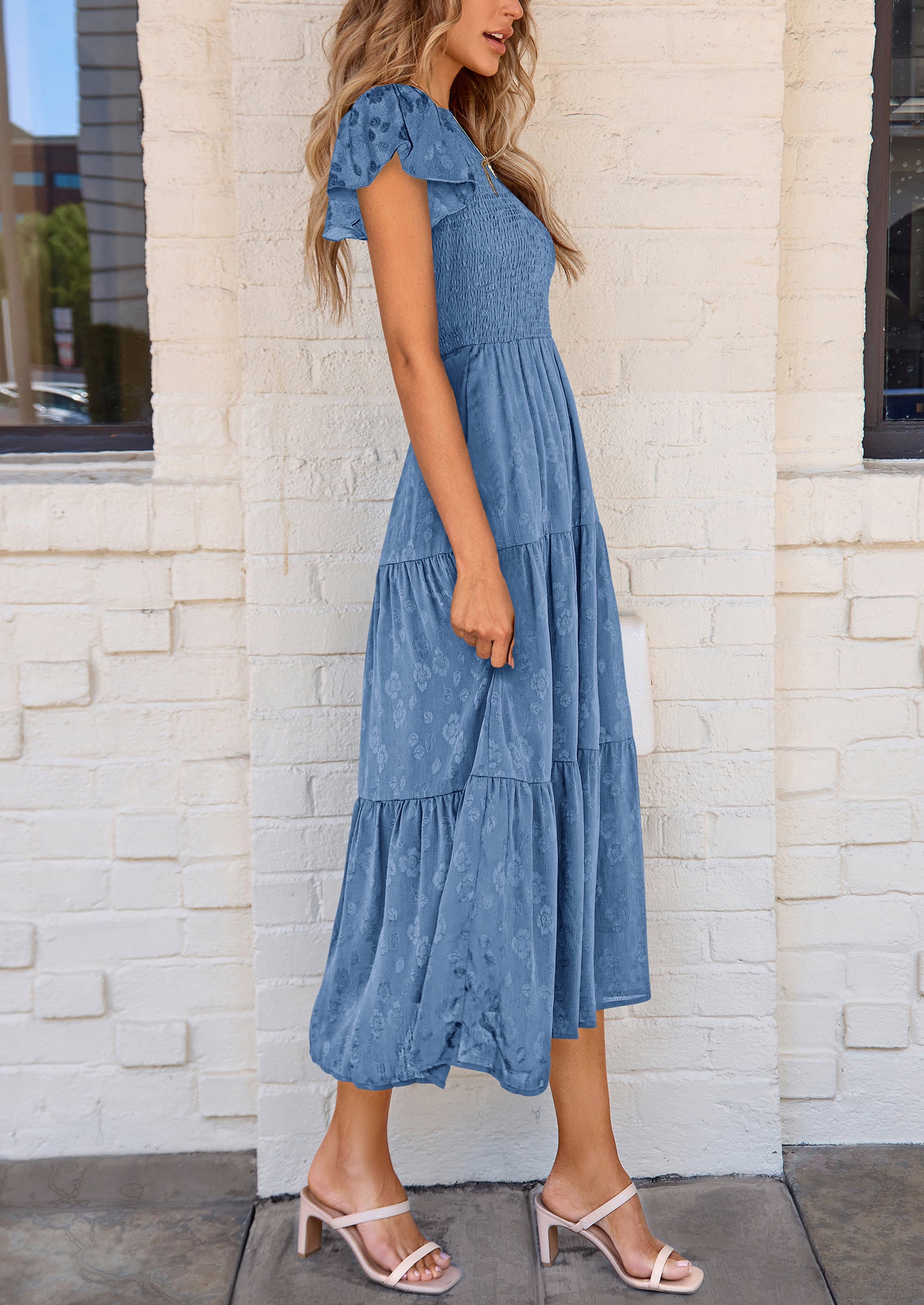 PRETTYGARDEN Midi Dress for Women Summer Floral Cap Sleeve Smocked Ruffle A Line Long Flowy Wedding Guest Dresses