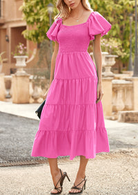 PRETTYGARDEN Women's Summer Casual Midi Dress Puffy Short Sleeve Square Neck Smocked Tiered Ruffle Dresses