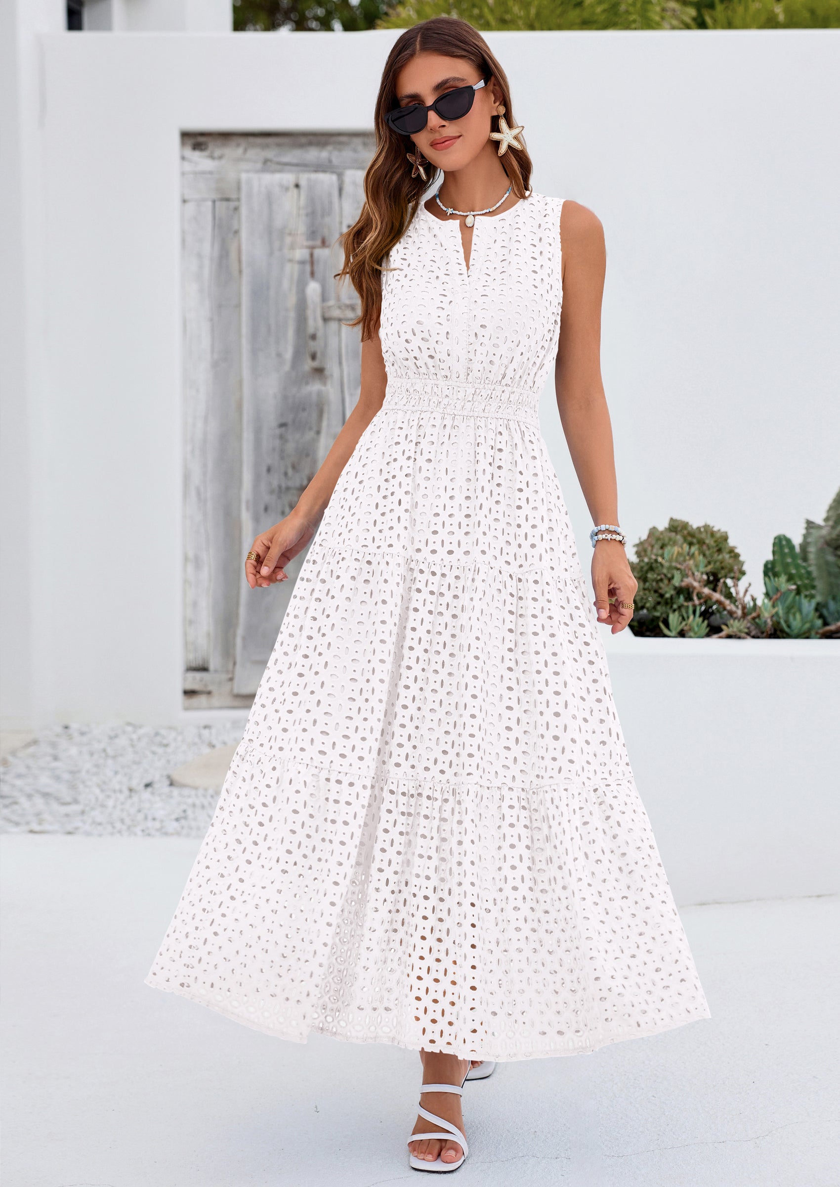 PRETTYGARDEN Summer Dresses for Women Sundresses Sleeveless V Neck Eyelet A Line Flowy Beach Vacation Spring Maxi Dress PRETTYGARDEN