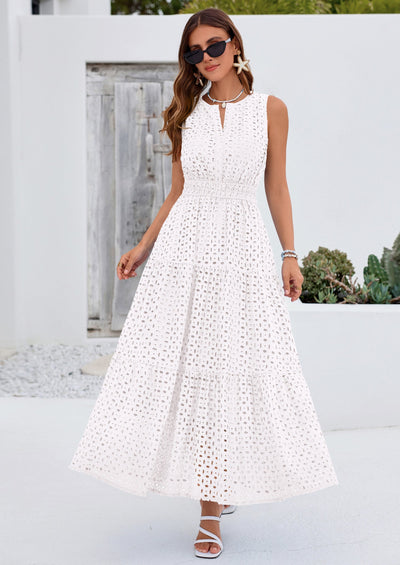 PRETTYGARDEN Summer Dresses for Women Sundresses Sleeveless V Neck Eyelet A Line Flowy Beach Vacation Spring Maxi Dress PRETTYGARDEN
