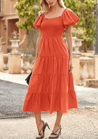 PRETTYGARDEN Women's Summer Casual Midi Dress Puffy Short Sleeve Square Neck Smocked Tiered Ruffle Dresses