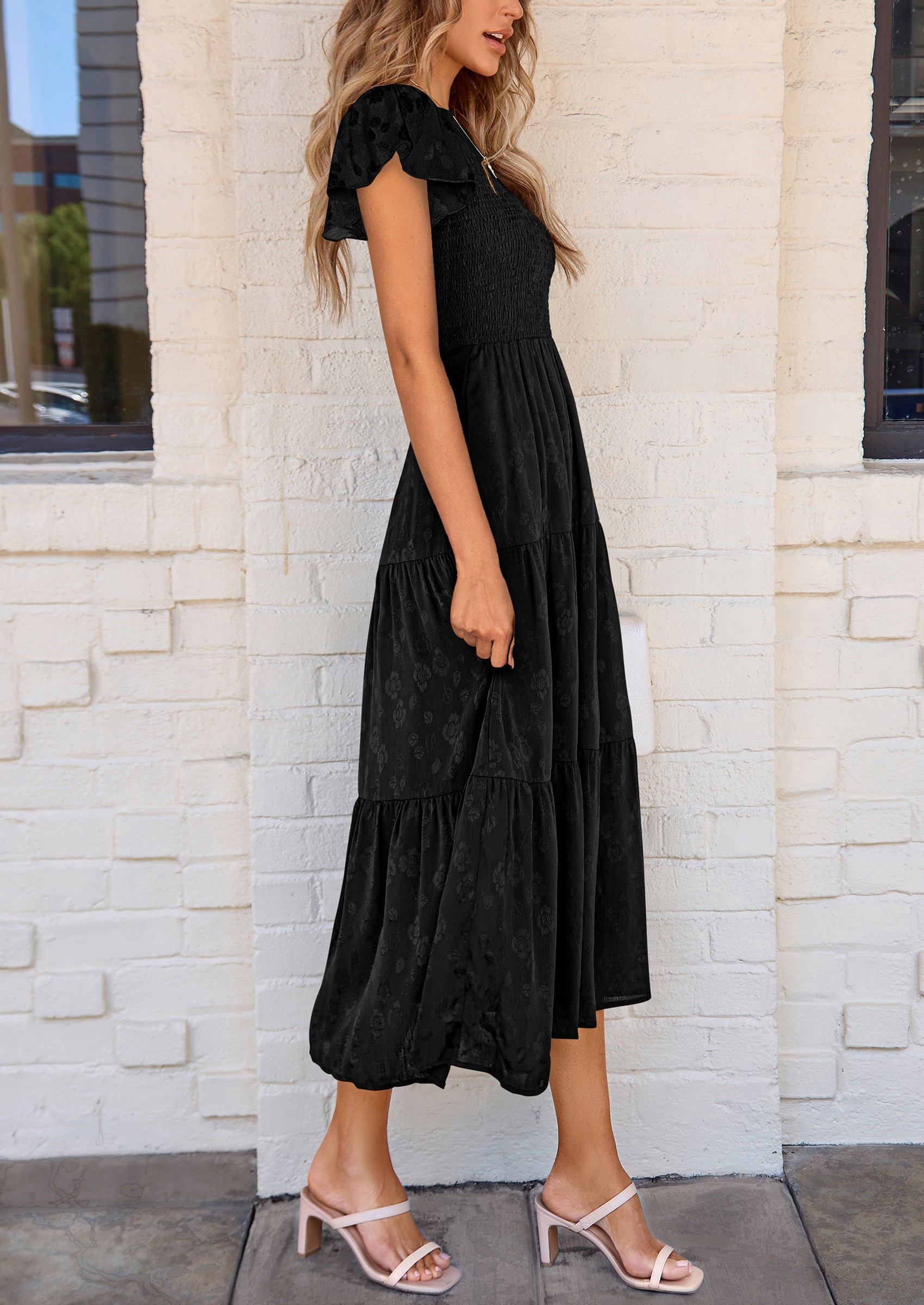 PRETTYGARDEN Midi Dress for Women Summer Floral Cap Sleeve Smocked Ruffle A Line Long Flowy Wedding Guest Dresses