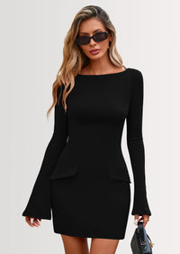 PRETTYGARDEN Womens Fall Long Sleeve Mini Dress Trendy Boat Neck Bodycon Knit Elegant Short Party Dresses
