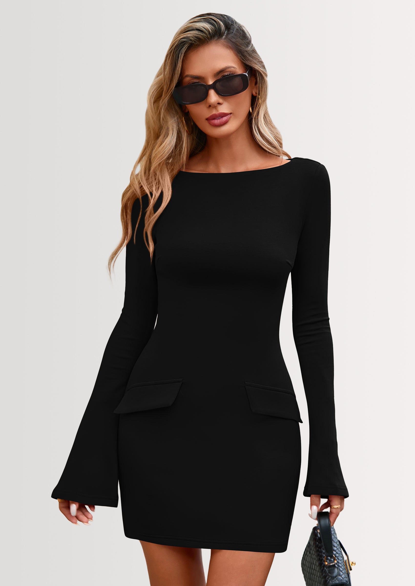 PRETTYGARDEN Womens Fall Long Sleeve Mini Dress Trendy Boat Neck Bodycon Knit Elegant Short Party Dresses