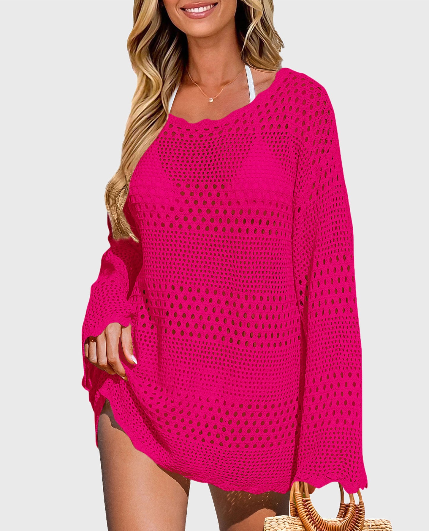 Women's Swimsuit Cover Up Long Sleeve Knit Crochet Bathing Suit Swimwear Beach Dress Summer Vacation Outfits