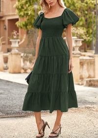PRETTYGARDEN Women's Summer Casual Midi Dress Puffy Short Sleeve Square Neck Smocked Tiered Ruffle Dresses