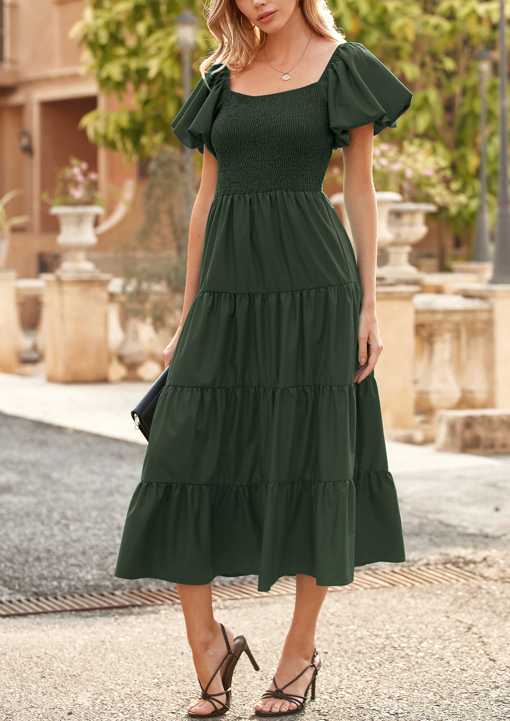 PRETTYGARDEN Women's Summer Casual Midi Dress Puffy Short Sleeve Square Neck Smocked Tiered Ruffle Dresses