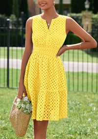 PRETTYGARDEN Women's Summer Dresses Sleeveless V Neck Eyelet Hollow Out Swing A Line Beach Vacation Sun Dress