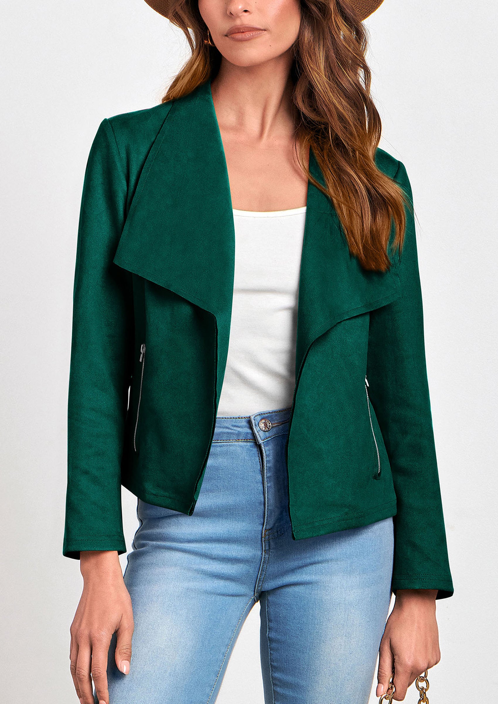 PRETTYGARDEN Women's Faux Suede Jackets Fashion Fall Clothes Long Sleeve Open Front Cropped Coat Outwear